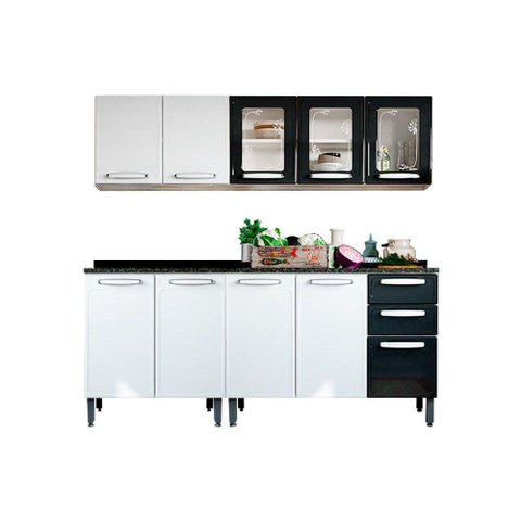 Cozinha Modulada Completa Evidence 4 Peças (2 Armários + 2 Balcões) C4P46 Branco/Preto -