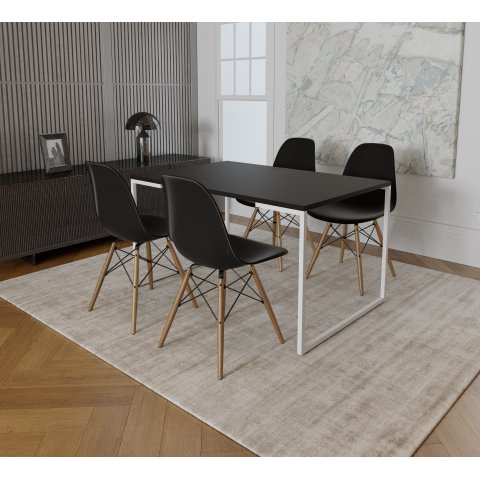 Mesa Industrial Base Ferro Branco Tampo 137x90 Preto 4 Cadeiras Eames Madeira Assento Preto