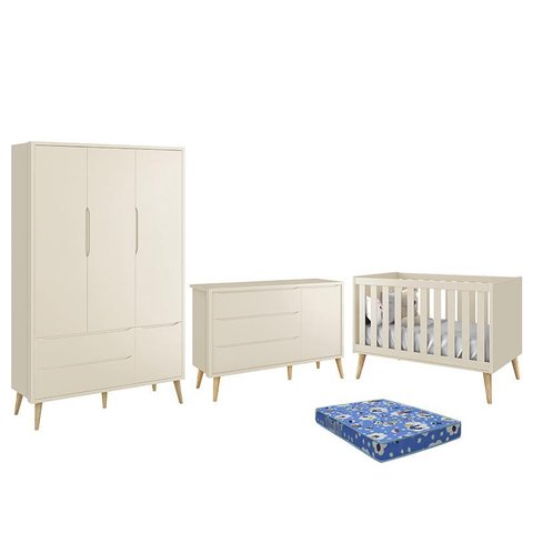 Dormitório Infantil Theo Retrô 3 Portas, Cômoda 1 Porta, Berço Areia Fosco com Pés Madeira