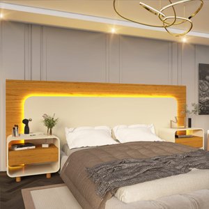 Cabeceira com Led e Mesa de Cabeceira 140/160/195 Innova Naturale Off White - Gelius