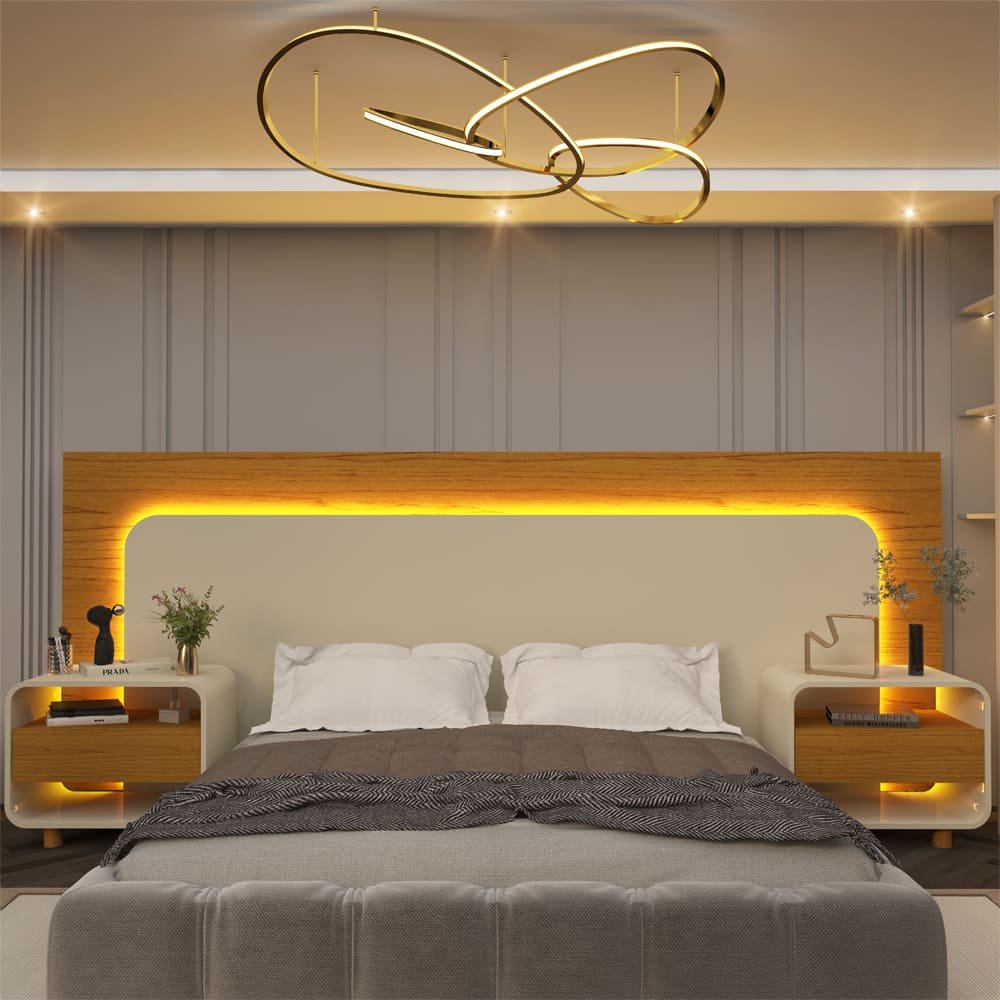 Cabeceira com Led e Mesa de Cabeceira 140/160/195 Innova Naturale Off White - Gelius - 7