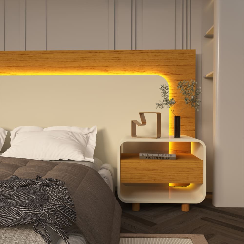 Cabeceira com Led e Mesa de Cabeceira 140/160/195 Innova Naturale Off White - Gelius - 8