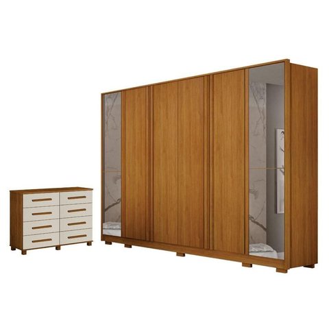 Guarda Roupa Casal Ares 6 Portas com Espelho Cinamomo com Cômoda San Marino 8 Gavetas Cinamomo Off-w