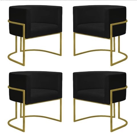 Kit 4 Poltronas Reforçada Decorativa Sala Nayara Base Ferro Dourado Suede Preto