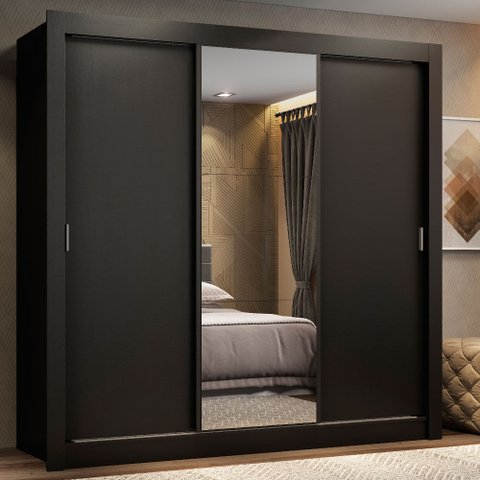 Guarda-Roupa Casal Madesa Lyon 3 Portas de Correr com Espelho 2 Gavetas Preto Cor:Preto
