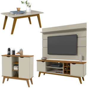 Conj. Sala de Estar Prism Patrimar Rack C/ Painel 1.8 + Buffet + Mesa de Centro Off White com Cumaru
