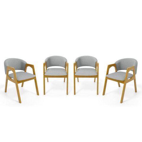 Kit com 4 Cadeiras Agatha Madeira Maciça Estofada para Mesa de Jantar Linho Cinza 407