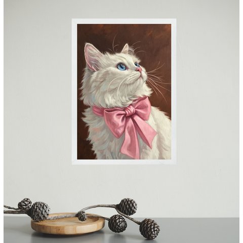 Quadro Decorativo Gato Laço de Fita Rosa 45x34cm - com Vidro:moldura Preta