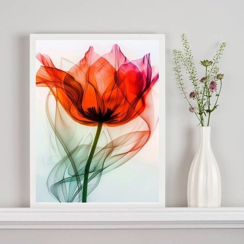 Quadro Flor Elegante Transparência Vermelha 24x18cm - com Vidro:moldura Preta