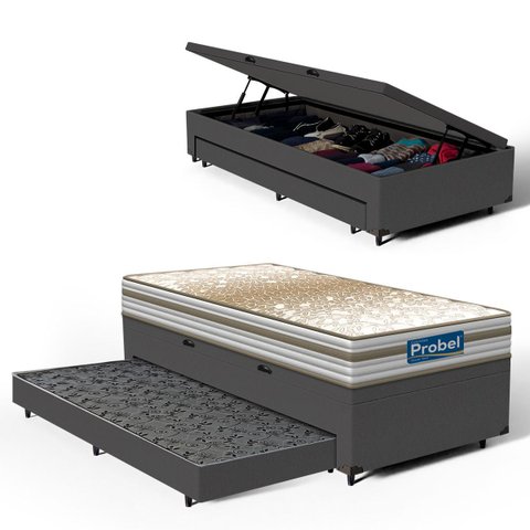 Cama Box Baú com Colchão de Molas Ensacadas Double Face Pillow Euro Alfa Probel + Auxiliar