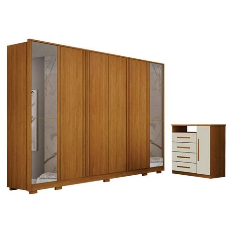 Guarda Roupa Casal Ares 6 Portas com Espelho Cinamomo com Cômoda Diamante 4 Gavetas 1 Porta Cinamomo