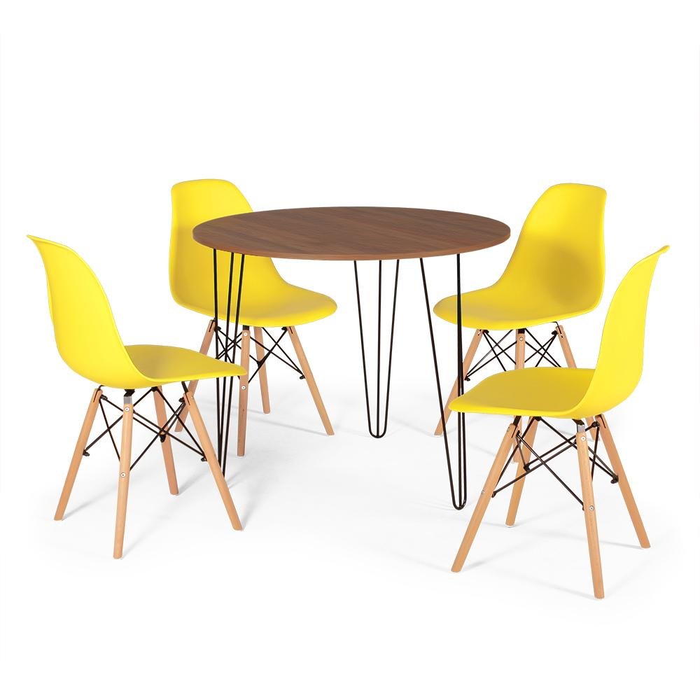 Conjunto Mesa de Jantar Redonda Hairpin 90cm Natural com 3 Pés + 4 Cadeiras Eames Eiffel - Amarelo - 1