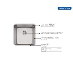 Cuba de Embutir Quadrum 40 U Undermount Tramontina 40 x 40 x 20 cm em Aço Inox Scotch Brite com V - 2