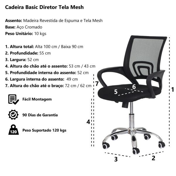 Cadeira de Escritório Basic Diretor Tela Mesh Preta Base Giratória Cromada Altura Ajustável - 5