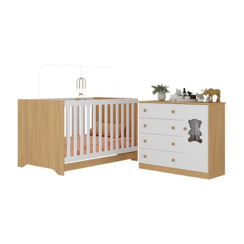 Berço Americano 3 em 1 com Cômoda 1 Porta 4 Gavetas Teddy Multimóveis Mp4723 Madeirado/branco