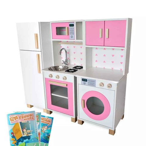 Kit Mini Cozinha Infantil com Geladeira e Máquina de Lavar - Rosa