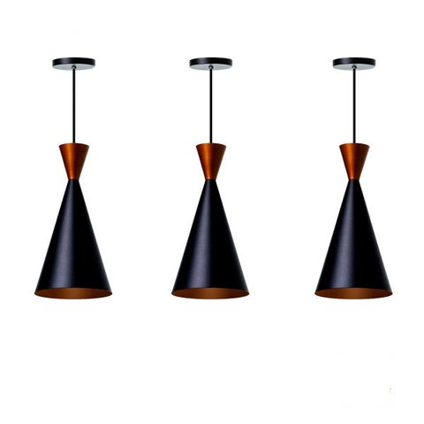 Kit 3 Lustre Pendente Interno Mesa Jantar Balcão Canadá: Preto topo Cobre