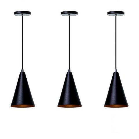 Kit 3 Lustre Pendente Interno Balcão Cone P:Preto com Cobre