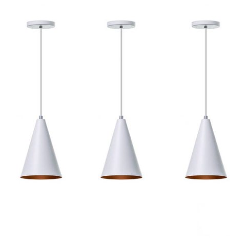Kit 3 Lustre Pendente Interno Balcão Cone P:Branco com Cobre