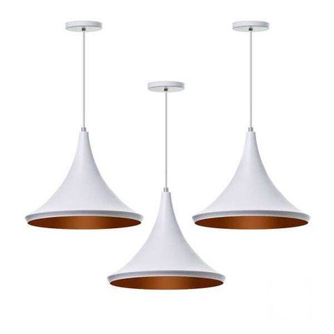 Kit 3 Lustre Pendente Interno Mesa Jantar Balcão Chapéu Chinês 33 cm :Branco com Cobre