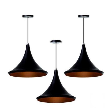 Kit 3 Lustre Pendente Interno Mesa Jantar Balcão Chapéu Chinês 33 cm :Preto com Cobre
