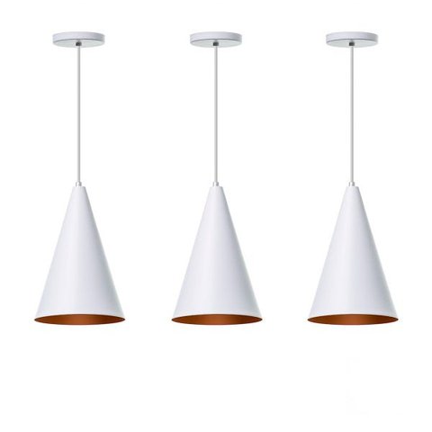 Kit 3 Lustre Pendente Interno Balcão Cone 30 cm:Branco com Cobre