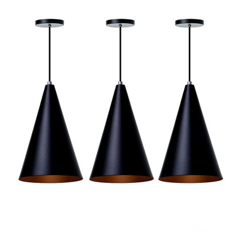 Kit 3 Lustre Pendente Interno Balcão Cone 30 cm:Preto com Cobre