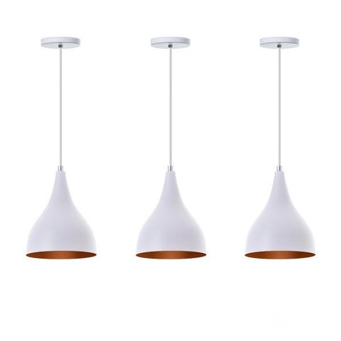 Kit 3 Lustre Pendente Interno Balcão Gota:Branco com Cobre