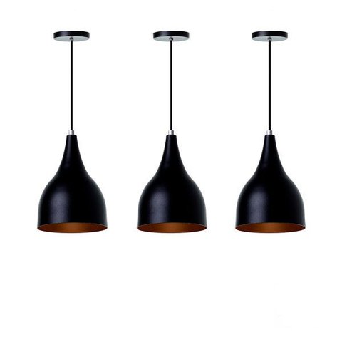 Kit 3 Lustre Pendente Interno Balcão Gota:Preto com Cobre
