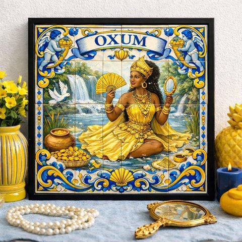 Quadro Orixá Oxum Estilo Azulejo 33x33cm Mold Branca Vidro