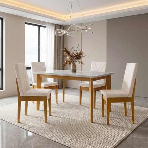 Mesa de Jantar com Kit 4 Cadeiras em Madeira Maciça Siera/Dakota Cerejeira Nevoa