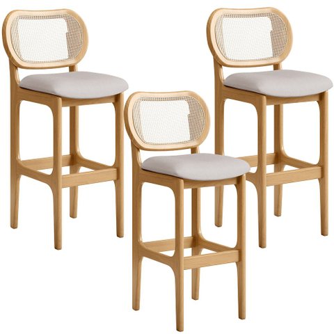 Kit 03 Banquetas Altas Para Cozinha Bancada Sala Tela Betta Fixa L02 Linho Bege - Lyam Lyam Decor