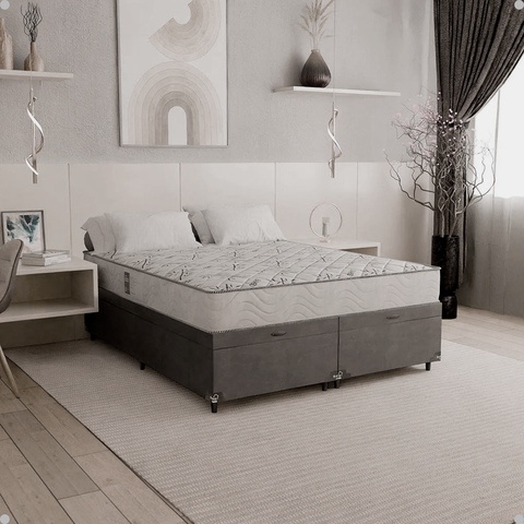 Cama Baú Queen Bipartido Suede Cinza + Colchão D33 One Face Branco- e-Shop Casa