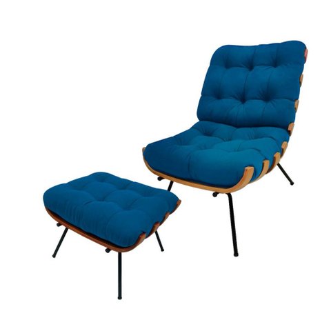 Kit Poltrona e Puff Costela Suede Azul Royal