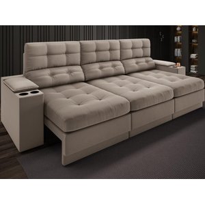 Sofá com Porta Copos e Carregador Usb Eureka 2,30m Assento Retrátil e Reclinável Velosuede