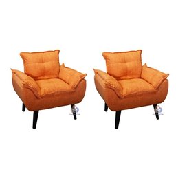 Kit 02 Poltrona/cadeira Decorativa Glamour Laranja Linho com Pés Quadrado Laranja - 1