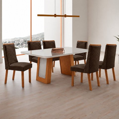 Mesa de Jantar Carolina 180cm Tampo MDF Vidro Canto Copo com 6 Cadeiras Carolina