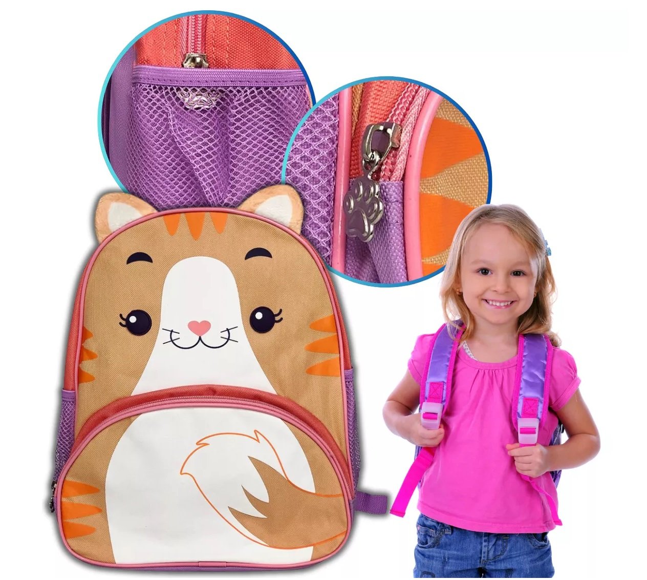 Mochila Infantil Escolar com Alças Animais Diversão Cor:gato Marrom