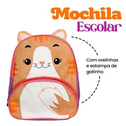 Mochila Infantil Escolar com Alças Animais Diversão Cor:gato Marrom - 8