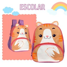 Mochila Infantil Escolar com Alças Animais Diversão Cor:gato Marrom - 4