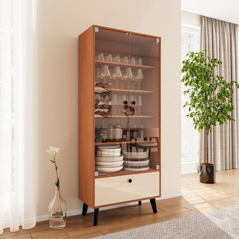 Cristaleira 2 Portas de Vidro 1 Gaveta 4 Prateleiras 75cm Creme Freijó Londres