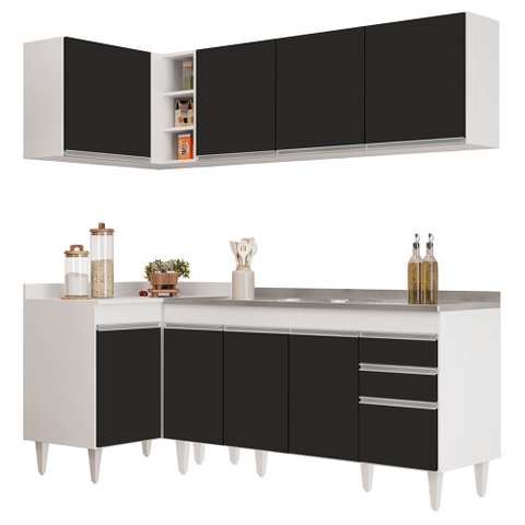 Armário de Cozinha Modulado de Canto Direito 4 Peças Cp42 com Pia Inox Branco/preto - Lumil Lumil Mó