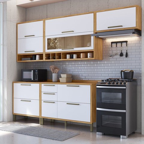 Cozinha Completa Modulada 100% MDF 5 Peças 8 Portas 5 Gavetas e Vidro 280cm Vicenza Espresso Móveis Branco/Amêndoa/Brilho