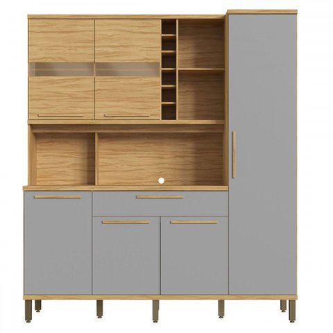 Cozinha Compacta Touriga 6 Portas 1 Gaveta 100% Mdf com Vidro Amêndoa/cinza - Rio Doce