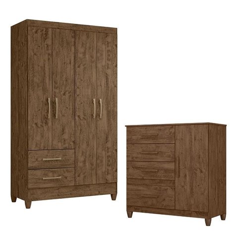 Guarda Roupa Solteiro Chile e Cômoda Vênus com Pés Castanho Wood Flex – Moval