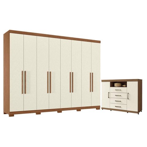 Guarda Roupa Casal 8 Portas 4 Gavetas Master New com Pés e Cômoda Havana Master com Rodizio Jatob