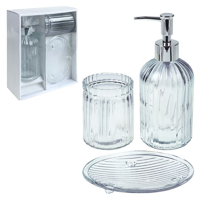 Kit Banheiro de Vidro - 3 peças - Conjunto Luxo Cromado - Porta Sabonete Liquido - Porta Escovas - S