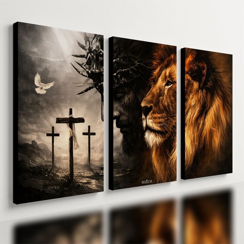 Kit 3 Quadro Decorativo Jesus Leão Judá Cruz Cristã Gospel 40x28cm