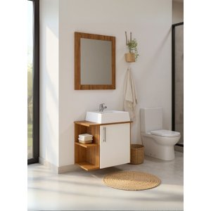 Gabinete para Banheiro com Cuba e Espelheira 50cm Mdf Freijo com Branco Moscou - On Móveis
