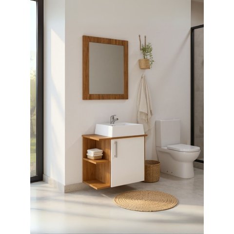 Gabinete para Banheiro com Cuba e Espelheira 50cm Mdf Freijo com Branco Moscou - On Móveis